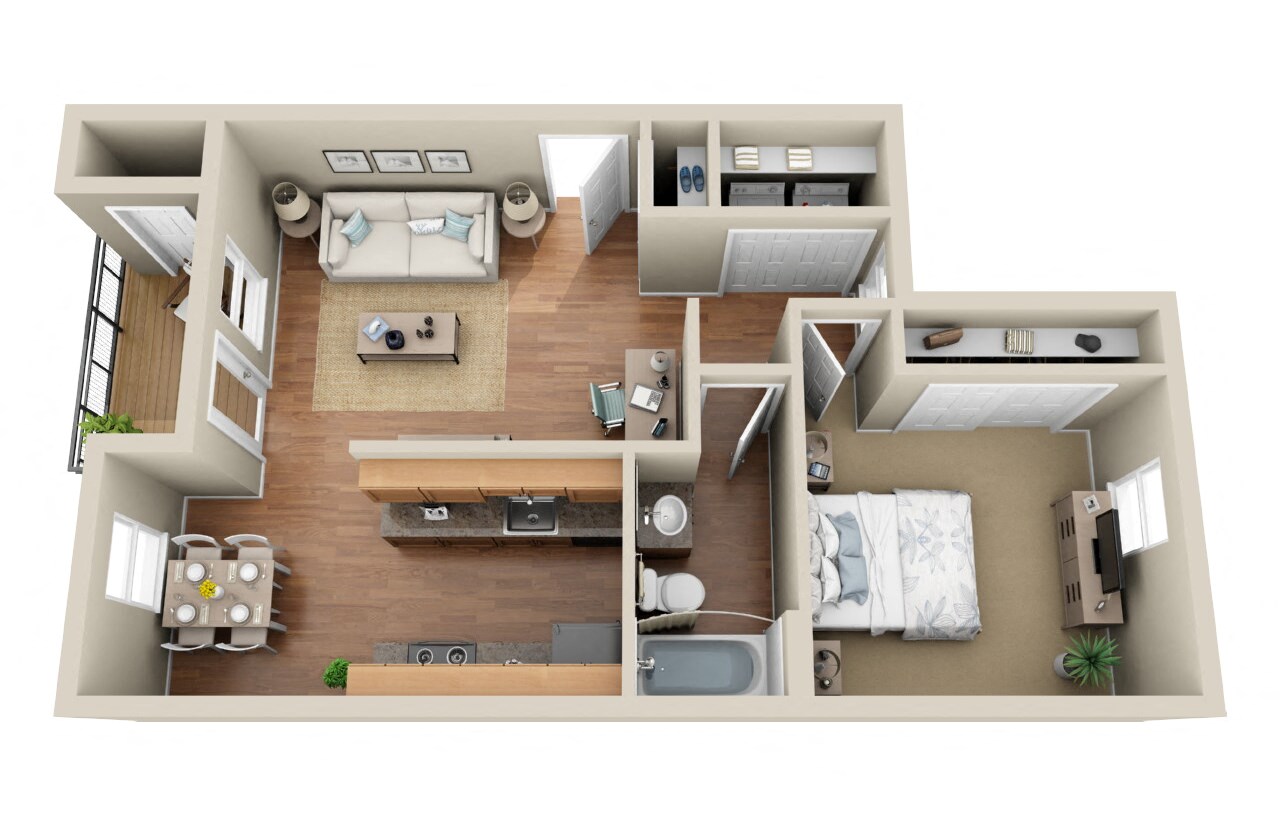 Floor plan for 1 bed, 1 bath, 705 sqft